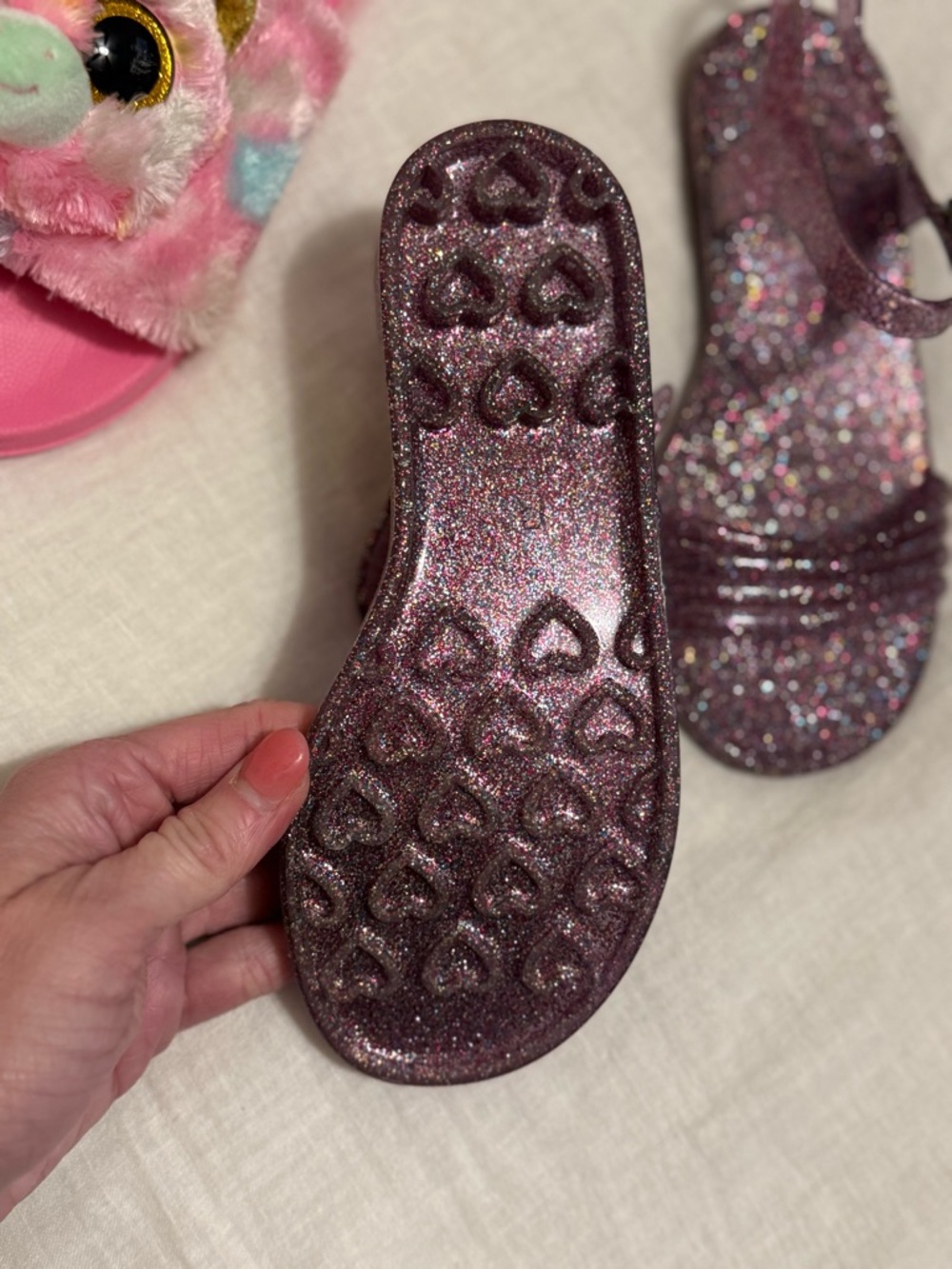Girls Plush Ty Animal Slides & Old Navy Purple Glitter Jelly Sandals - Picture 2 of 7
